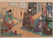 The actors Bandō Takesaburō as Oguri Sōtan, Iwai Kumesaburō III as Okoma and Onoe Kikujirō II as Kohagi in the play Sekai no hana Oguri gaiden